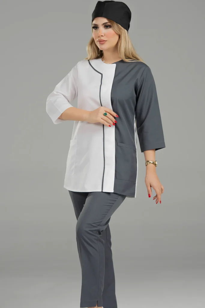 اسکراب پزشکی طوسی زنانه دو رنگ با سفید